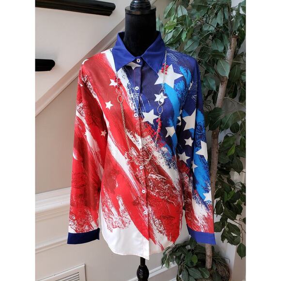 Women's Button Down Shirt XL Red & White Polyester Long Sleeve Stretch Collared - Picture 2 of 11